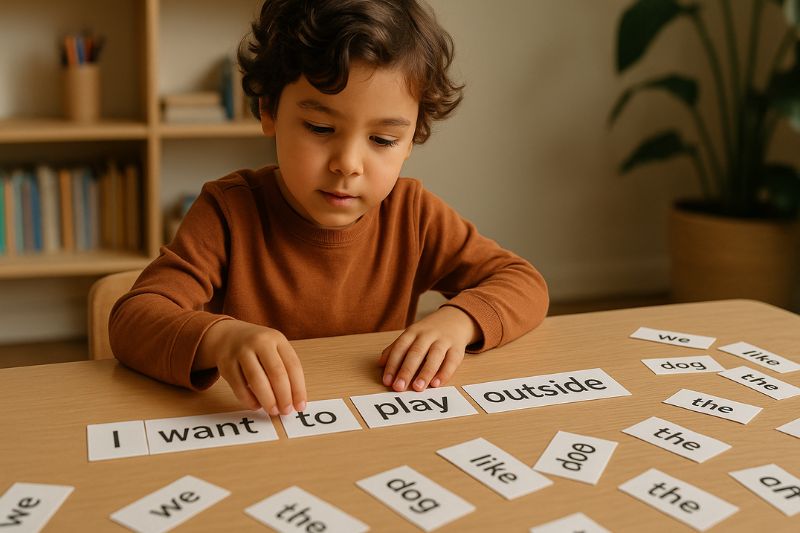 criança reorganizando cartões para formar uma frase em inglês