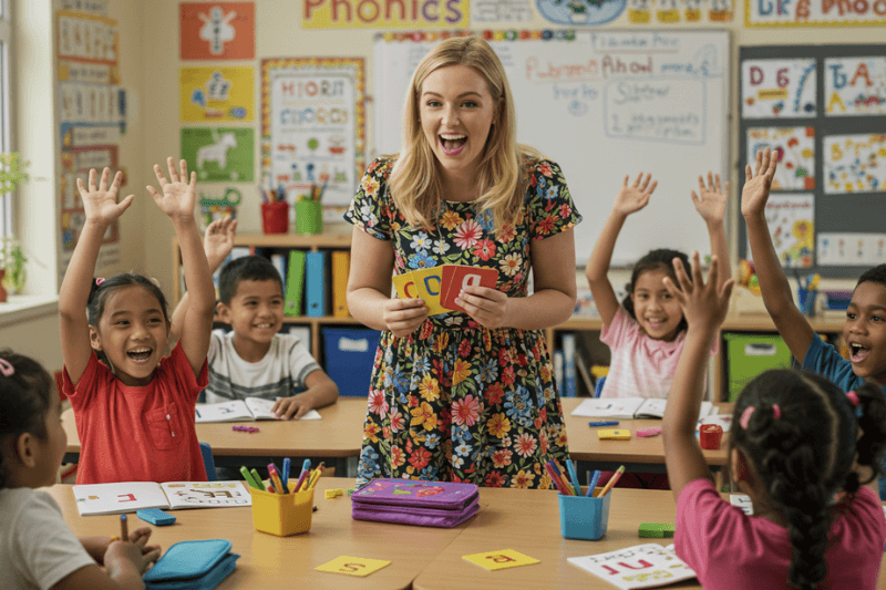 Professora de Inglês utilizando método Phonics para alfabetização de crianças bilíngues
