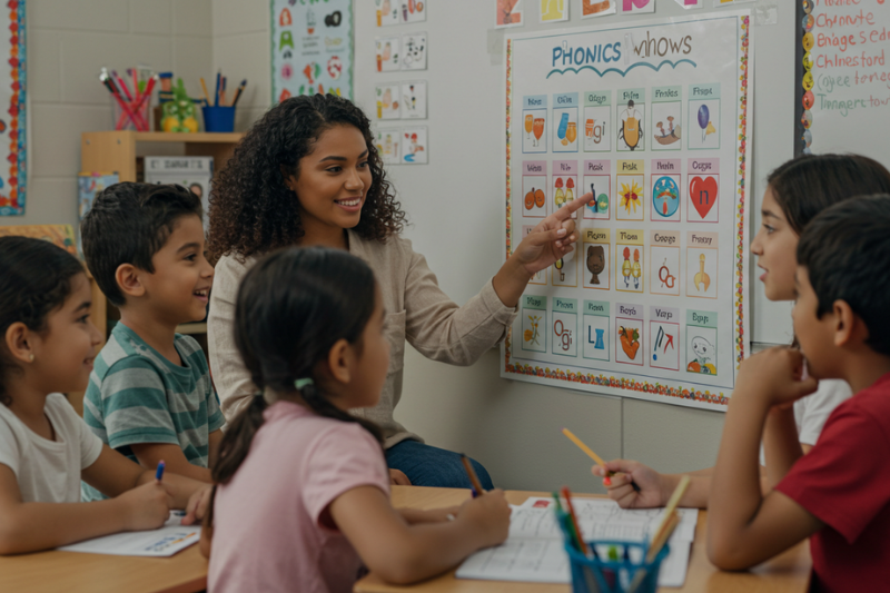Professora de Inglês utilizando método Phonics para alfabetização de crianças bilíngues
